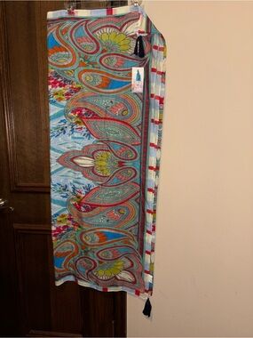 Johnny Was Turquoise Red Paisley Maxi Wrap Sarong.